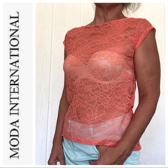 MODA INTERNATIONAL FOR VICTORIAS SECRET SHEER ORANGE LACE SLEEVELESS TOP SMALL - Picture 2 of 11